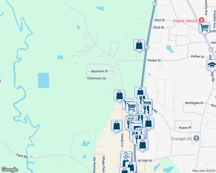 map of restaurants, bars, coffee shops, grocery stores, and more near Shadowood Park in Laurel