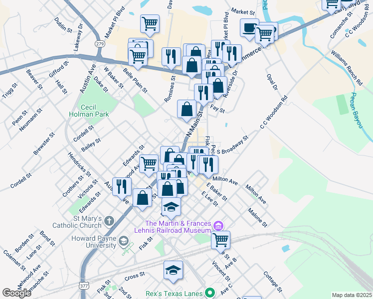 map of restaurants, bars, coffee shops, grocery stores, and more near 104 South Broadway Street in Brownwood