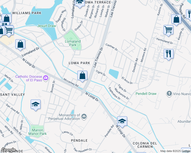 map of restaurants, bars, coffee shops, grocery stores, and more near 404 Lee Trevino Drive in El Paso