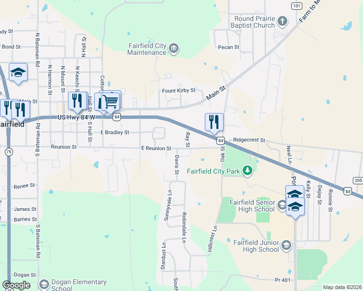 map of restaurants, bars, coffee shops, grocery stores, and more near 321 Ray Street in Fairfield