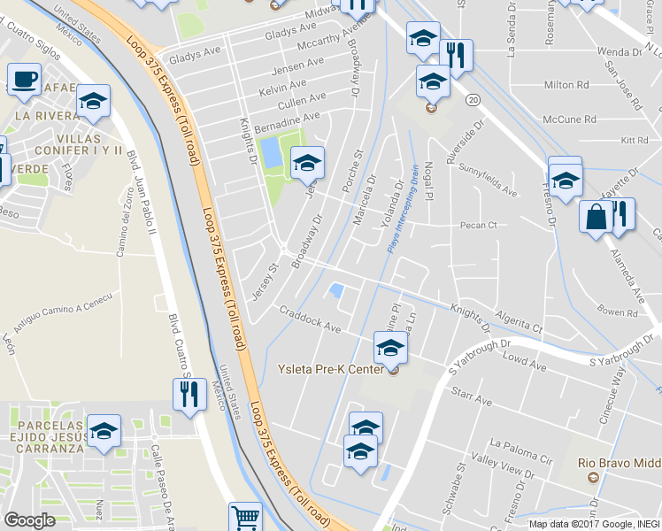 map of restaurants, bars, coffee shops, grocery stores, and more near Knights Drive in El Paso