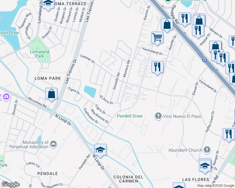 map of restaurants, bars, coffee shops, grocery stores, and more near 832 Montera Road in El Paso