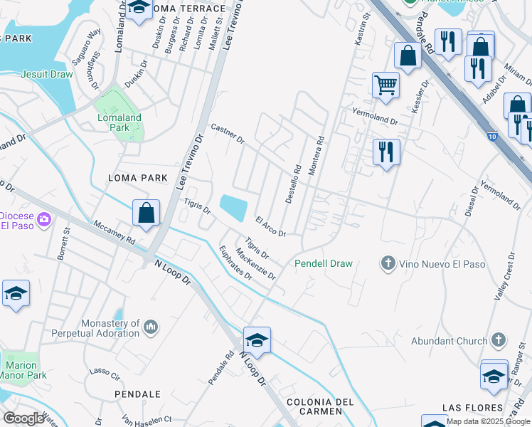 map of restaurants, bars, coffee shops, grocery stores, and more near 811 El Arco Drive in El Paso