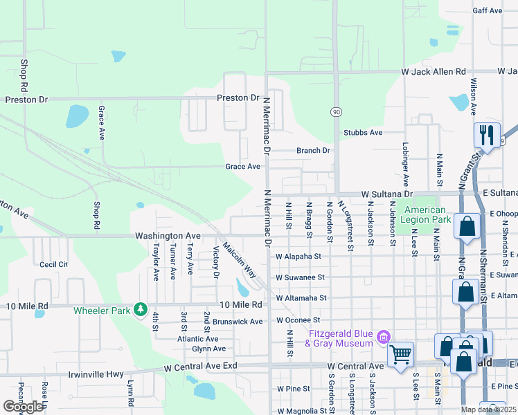 map of restaurants, bars, coffee shops, grocery stores, and more near 815 North Merrimac Drive in Fitzgerald