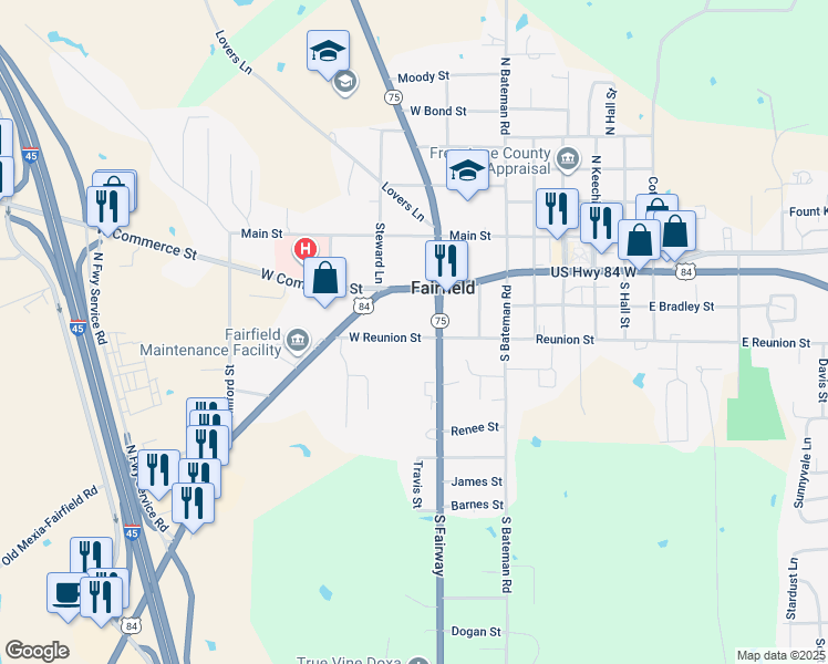 map of restaurants, bars, coffee shops, grocery stores, and more near 418 West Reunion Street in Fairfield