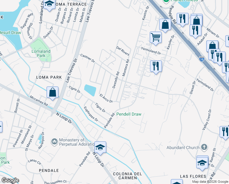 map of restaurants, bars, coffee shops, grocery stores, and more near 827 Destello Road in El Paso
