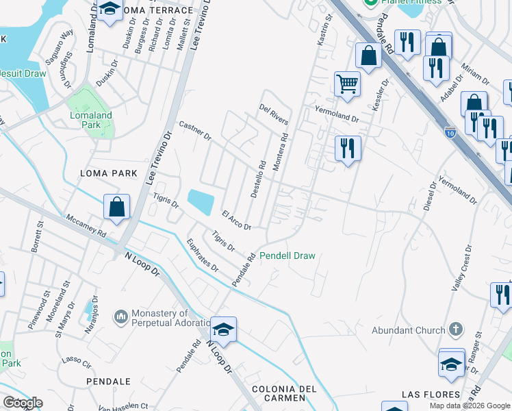 map of restaurants, bars, coffee shops, grocery stores, and more near 827 Destello Road in El Paso