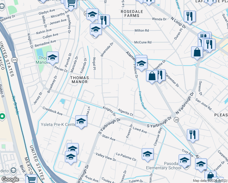 map of restaurants, bars, coffee shops, grocery stores, and more near 333 Hourglass Drive in El Paso