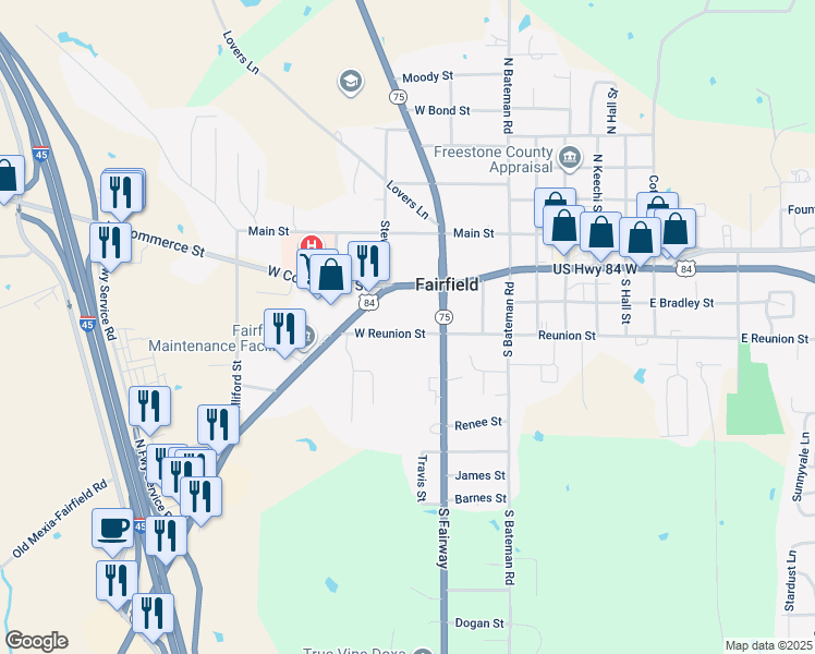 map of restaurants, bars, coffee shops, grocery stores, and more near 418 West Reunion Street in Fairfield