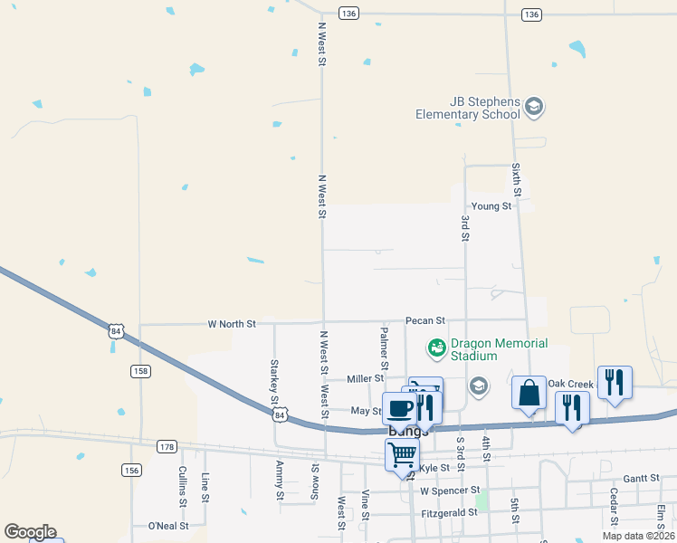 map of restaurants, bars, coffee shops, grocery stores, and more near 409 Lisa Street in Bangs