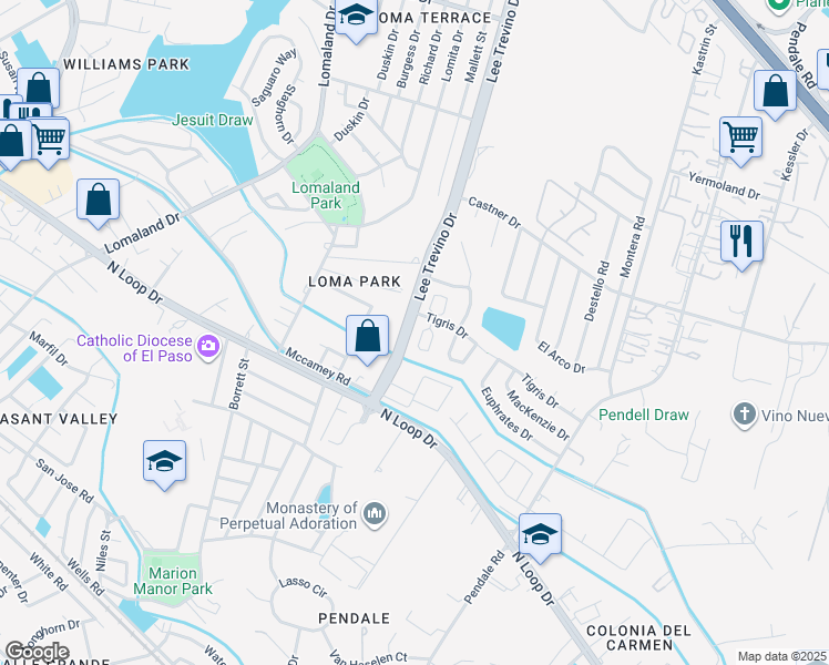 map of restaurants, bars, coffee shops, grocery stores, and more near 404 Lee Trevino Drive in El Paso