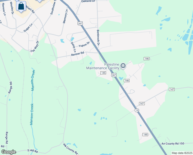 map of restaurants, bars, coffee shops, grocery stores, and more near 625 County Road 145 in Palestine