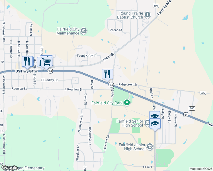 map of restaurants, bars, coffee shops, grocery stores, and more near 811 U.S. 84 in Fairfield