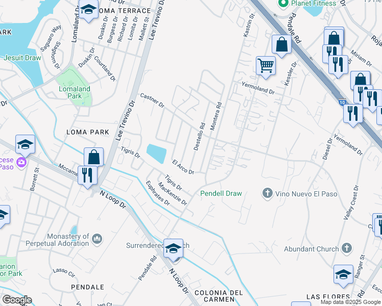 map of restaurants, bars, coffee shops, grocery stores, and more near 827 Destello Road in El Paso