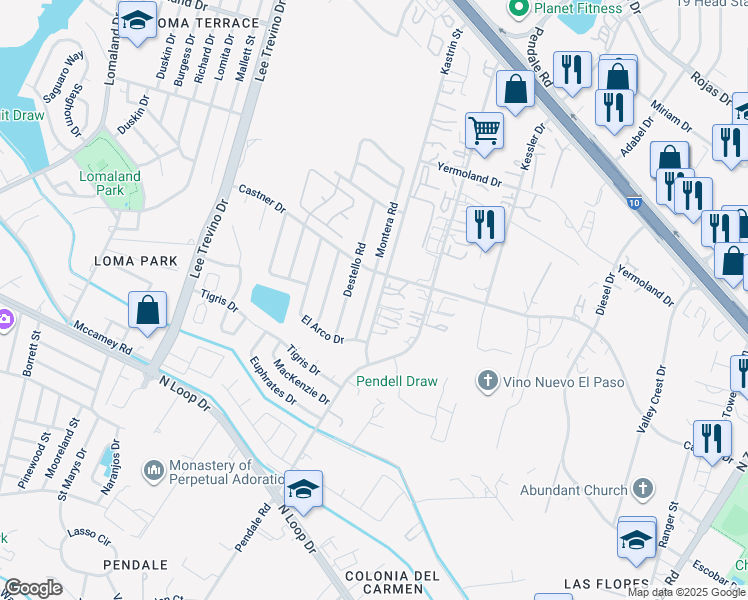 map of restaurants, bars, coffee shops, grocery stores, and more near 832 Montera Road in El Paso