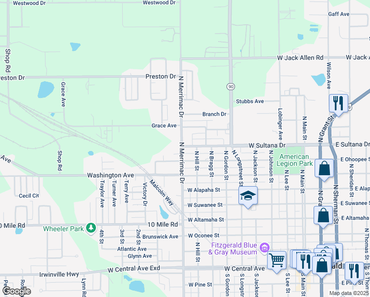 map of restaurants, bars, coffee shops, grocery stores, and more near 815 North Merrimac Drive in Fitzgerald