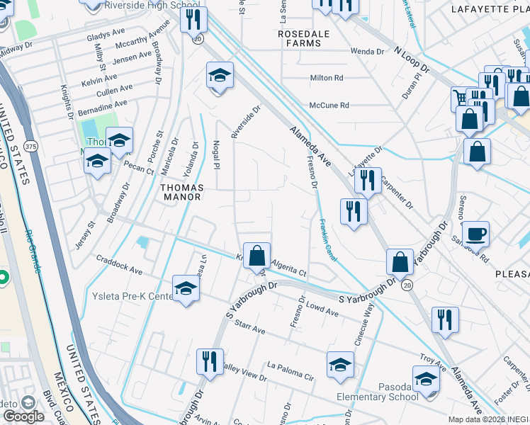map of restaurants, bars, coffee shops, grocery stores, and more near 333 Hourglass Drive in El Paso