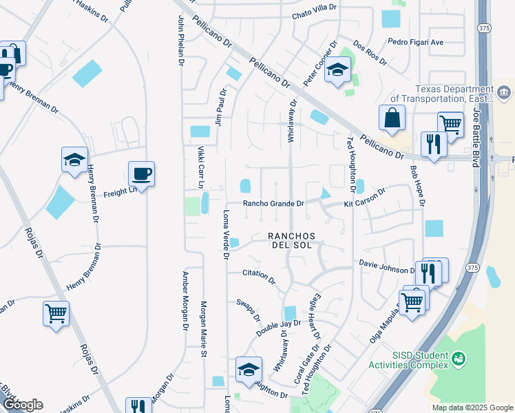 map of restaurants, bars, coffee shops, grocery stores, and more near 1340 Wyatt Earp Street in El Paso