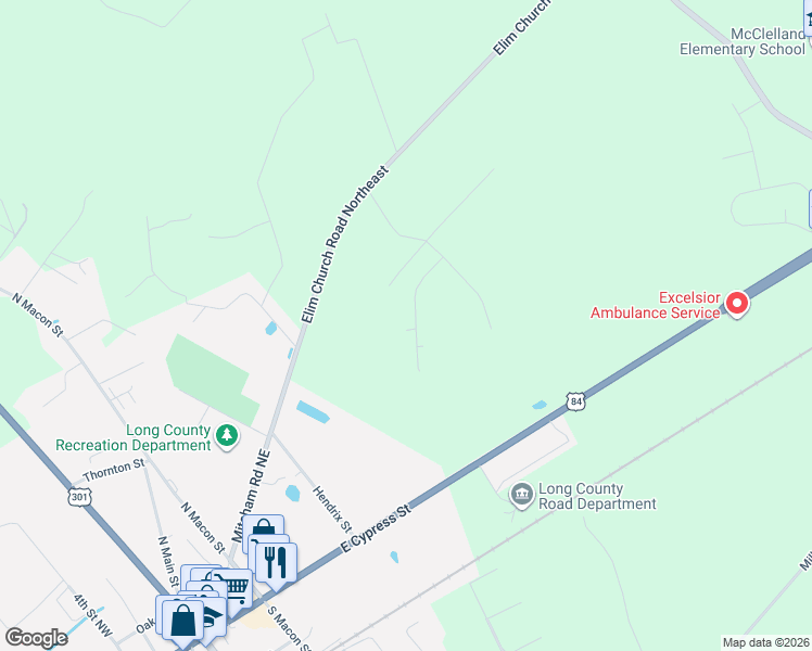 map of restaurants, bars, coffee shops, grocery stores, and more near 176 Cathy Lane in Ludowici