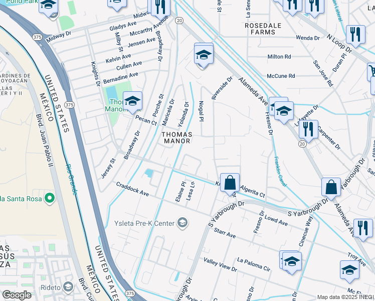 map of restaurants, bars, coffee shops, grocery stores, and more near 333 Mariana Circle in El Paso