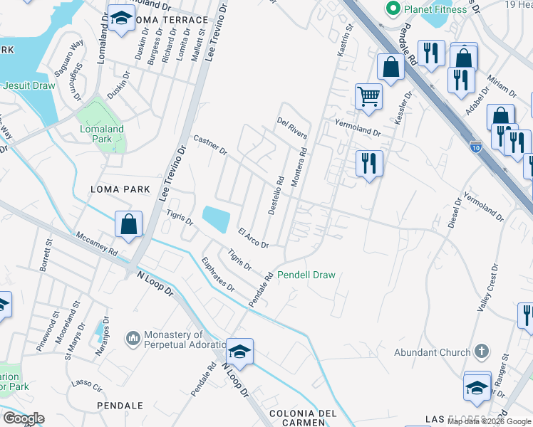 map of restaurants, bars, coffee shops, grocery stores, and more near 827 Destello Road in El Paso