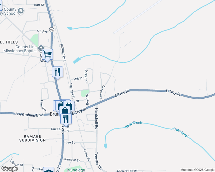 map of restaurants, bars, coffee shops, grocery stores, and more near 230 Lawson Street in Brundidge