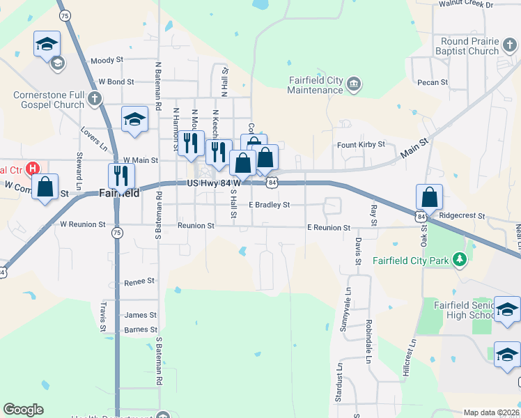 map of restaurants, bars, coffee shops, grocery stores, and more near 409 East Bradley Street in Fairfield