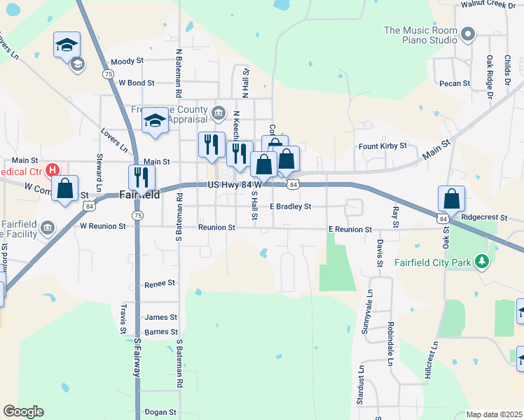 map of restaurants, bars, coffee shops, grocery stores, and more near 311 East Bradley Street in Fairfield