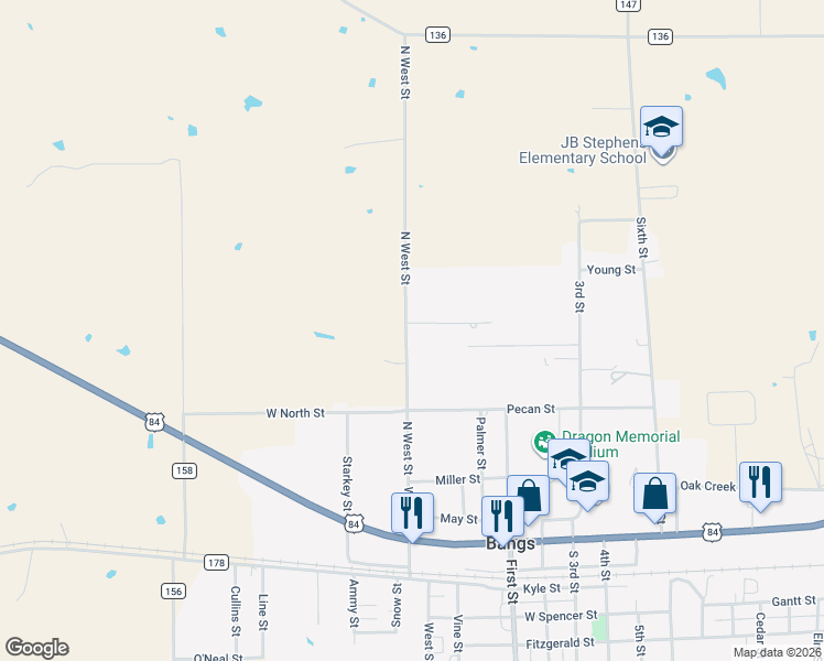 map of restaurants, bars, coffee shops, grocery stores, and more near 409 Lisa St in Bangs