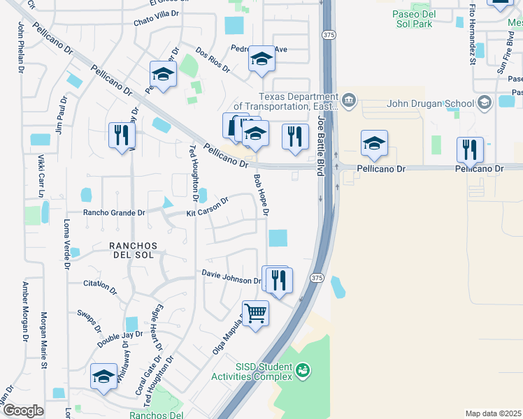 map of restaurants, bars, coffee shops, grocery stores, and more near 1348 Diana Natalicio Drive in El Paso