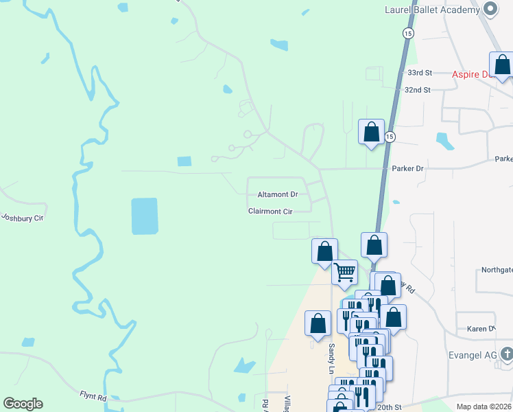 map of restaurants, bars, coffee shops, grocery stores, and more near 51-93 Clairmont Circle in Laurel