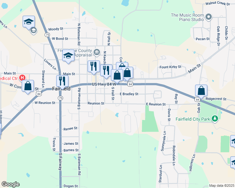 map of restaurants, bars, coffee shops, grocery stores, and more near 311 East Bradley Street in Fairfield