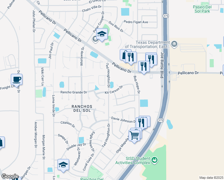 map of restaurants, bars, coffee shops, grocery stores, and more near 12305 Kit Carson Drive in El Paso