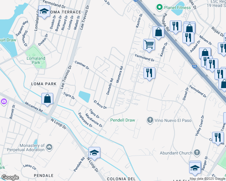 map of restaurants, bars, coffee shops, grocery stores, and more near 832 Montera Road in El Paso