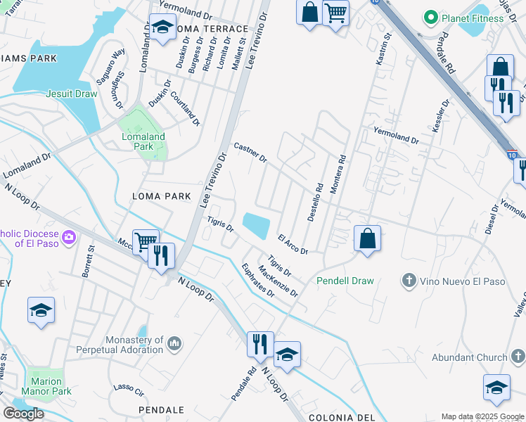 map of restaurants, bars, coffee shops, grocery stores, and more near 817 Barandal Drive in El Paso