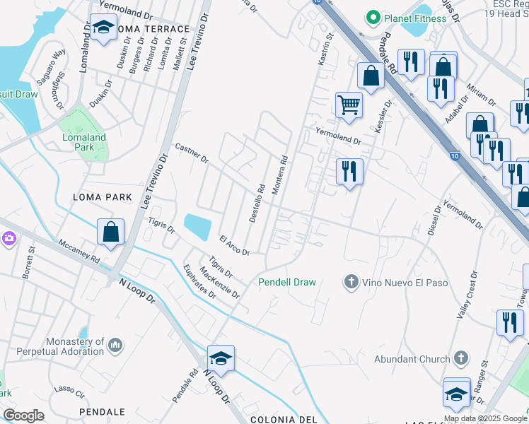 map of restaurants, bars, coffee shops, grocery stores, and more near 832 Montera Road in El Paso