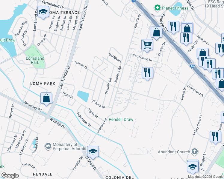 map of restaurants, bars, coffee shops, grocery stores, and more near 832 Montera Road in El Paso