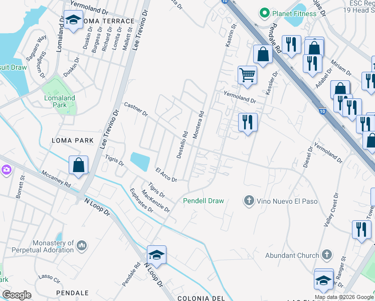 map of restaurants, bars, coffee shops, grocery stores, and more near 832 Montera Road in El Paso