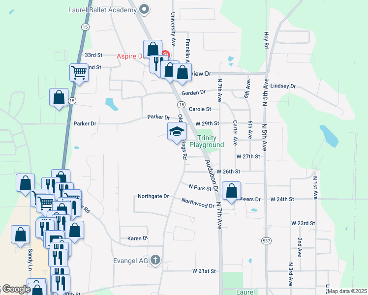 map of restaurants, bars, coffee shops, grocery stores, and more near 2726 Old Bay Springs Road in Laurel