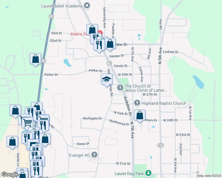 map of restaurants, bars, coffee shops, grocery stores, and more near 2726 Old Bay Springs Road in Laurel