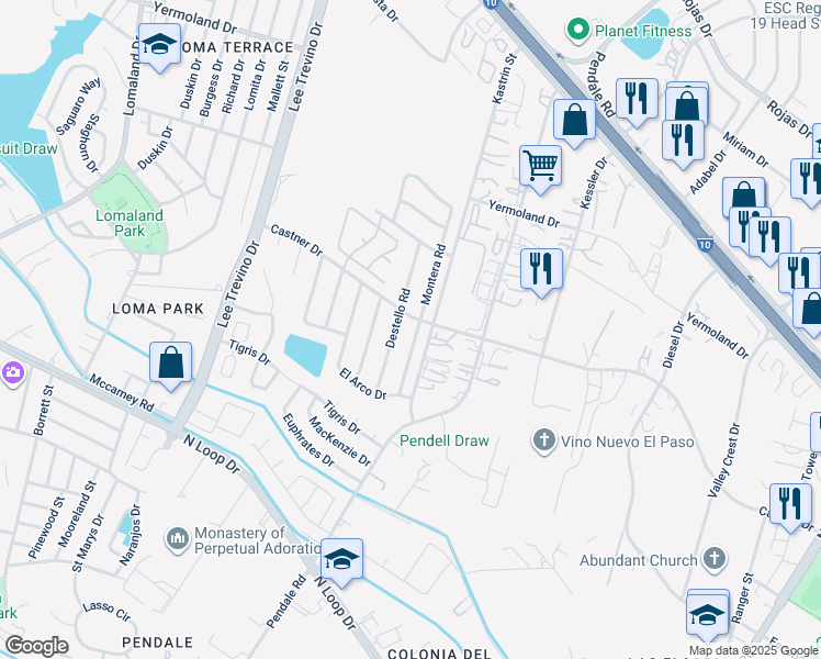 map of restaurants, bars, coffee shops, grocery stores, and more near 832 Montera Road in El Paso