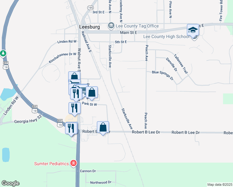 map of restaurants, bars, coffee shops, grocery stores, and more near 100 Starksville Avenue in Leesburg