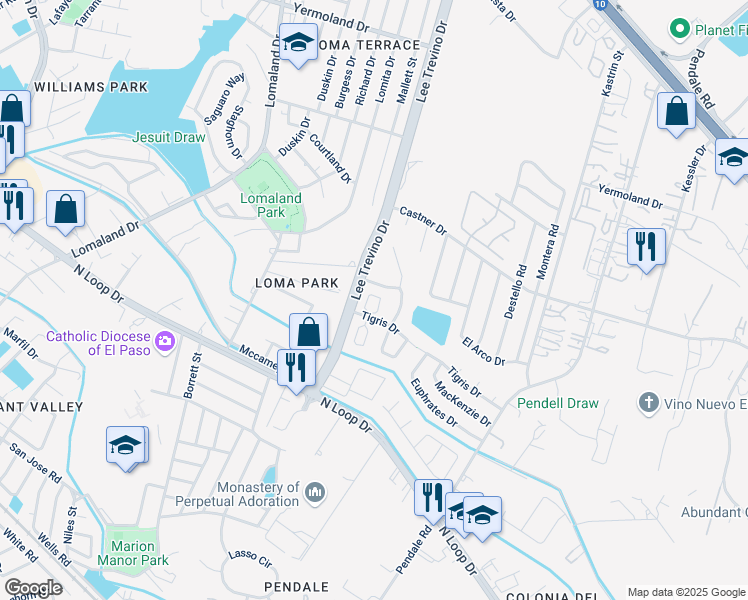 map of restaurants, bars, coffee shops, grocery stores, and more near 2504 Lee Trevino Drive in El Paso