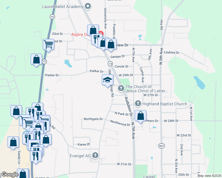 map of restaurants, bars, coffee shops, grocery stores, and more near 801 West 28th Street in Laurel