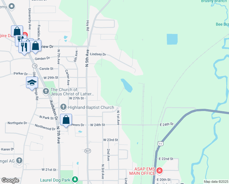 map of restaurants, bars, coffee shops, grocery stores, and more near 105 Buchanan Street in Laurel