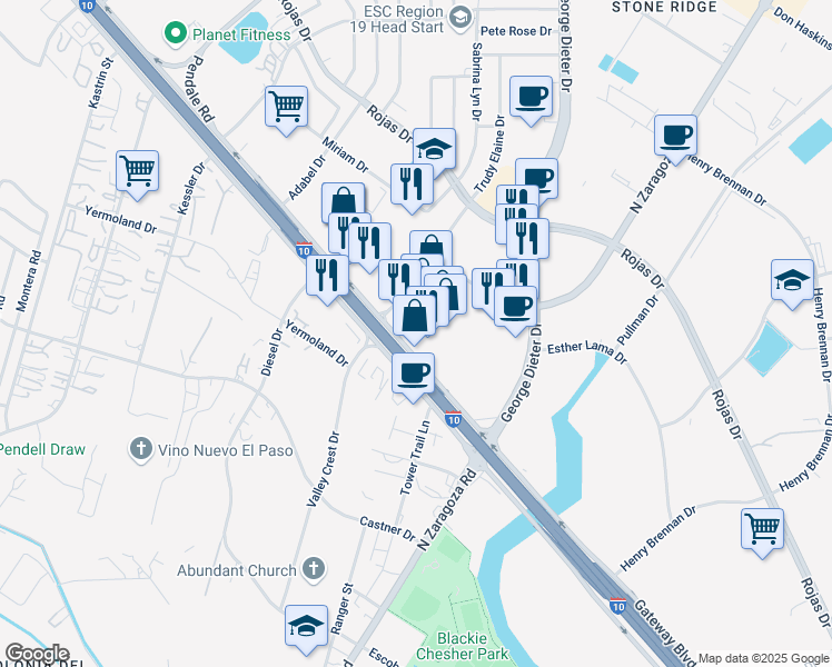map of restaurants, bars, coffee shops, grocery stores, and more near 11905 Gateway Boulevard West in El Paso