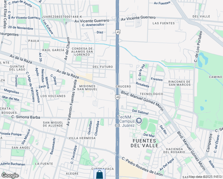 map of restaurants, bars, coffee shops, grocery stores, and more near 6672 Avenida de la Raza in Ciudad Juárez