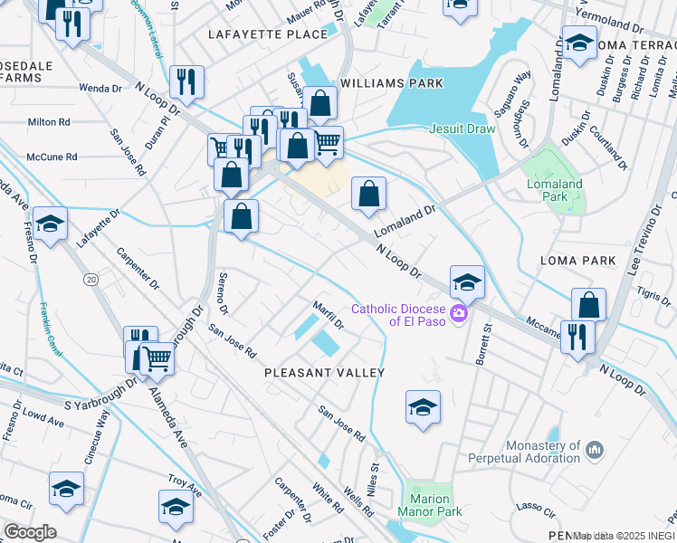 map of restaurants, bars, coffee shops, grocery stores, and more near 8206 Loma Vista Place in El Paso