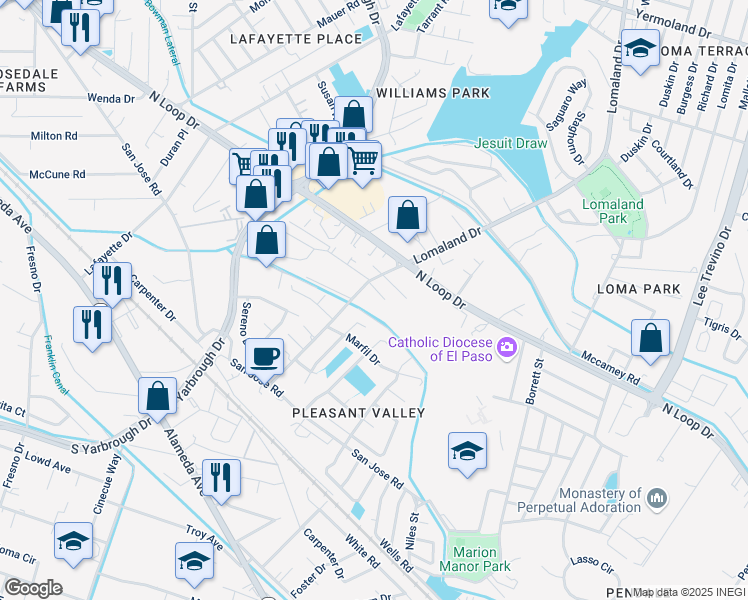map of restaurants, bars, coffee shops, grocery stores, and more near 8206 Loma Vista Place in El Paso