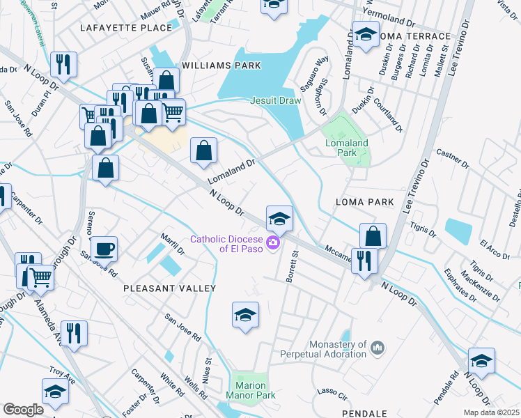 map of restaurants, bars, coffee shops, grocery stores, and more near 8269 North Loop Drive in El Paso